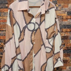Chain Link Pattern Design Mini Long Sleeve Casual Shirt Dress, Sexy Top (S-2XL)